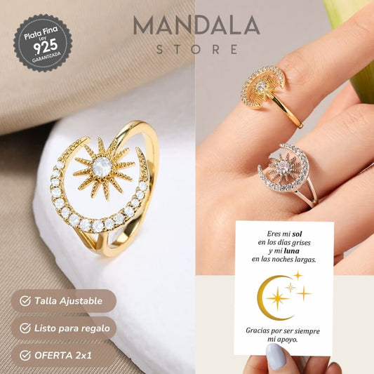 Anillo Sol y Luna Creciente, Plata de Ley - Oferta 2x1